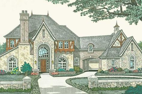 BuilderHousePlans.com Plan 310-1187 House Plans Tudor, House Plans With Porte Cochere, Mountain Ranch House Plans, French Country Exterior, European Style House, Shingle Exterior, Country Style House, Country Style House Plans, European House