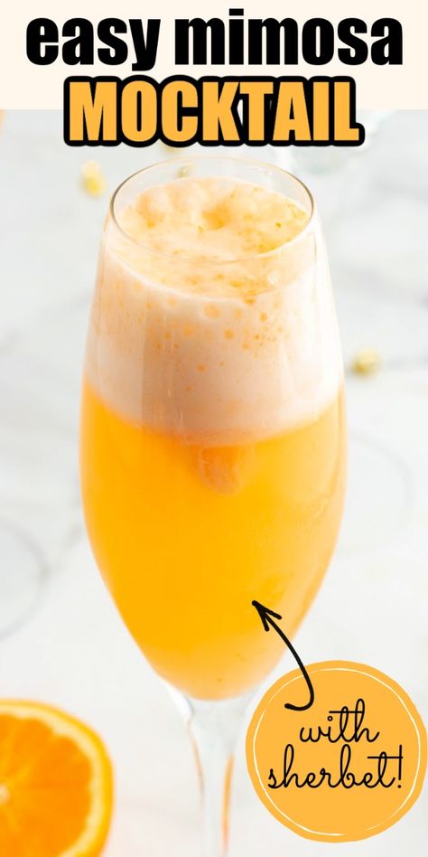 This Mimosa Mocktail recipe is a non-alcoholic twist on the brunch classic that's easy to make and delicious. Made with just two ingredients, it combines sweet orange sherbet or sorbet with fizzy sparkling water for a satisfying mimosa-inspired sip that looks festive in a champagne flute! This refreshing recipe is a great virgin drink idea for your spring and summer brunch menus. Virgin Mimosas, Virgin Mimosa, Mimosa Mocktail, Mothers Day Brunch Ideas, Corpse Bride Quotes, Virgin Drinks, 50th Anniversary Ideas, Bride Quotes, Meals Of The Day