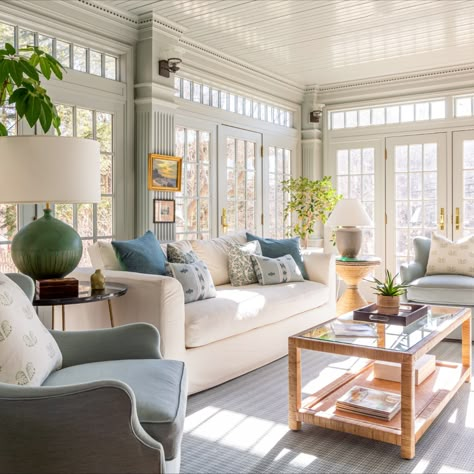 Classic Family Room, Timeless Living Room, Blue And White Living Room, Sunroom Furniture, Long Room, Sunroom Designs, Living Room Den, Rowe Furniture, Coastal Living Rooms