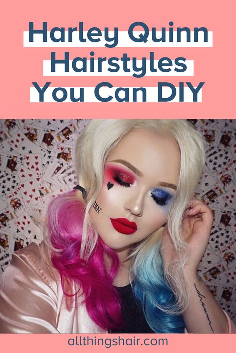 Harley Quinn Make Up Looks, Harley Quinn Hair Ideas, Harley Quinn Hairstyles, Simple Harley Quinn Makeup, Harley Quinn Hair, Harley Quinn Eye Makeup, Harley Quinn Makeup Tutorial, Harley Quinn Makeup, New Hair Trends