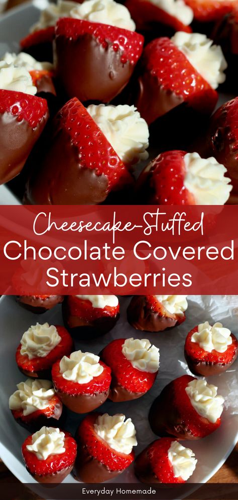 Elevate your celebrations with these Cheesecake Stuffed Chocolate Covered Strawberries! Filled with a blend of cream cheese and heavy cream, each berry is dipped in chocolate chips for a decadent twist. Perfect for Valentine’s Day, baby showers, birthdays, or any party, these no-bake delights are the best way to impress in just 30 minutes. Easy, homemade, and aesthetically pleasing, learn how to make the ultimate dessert with this quick recipe. Stuffed Fruit Desserts, Chocolate Cheesecake Strawberries, Cheesecake Stuffed With Chocolate Covered Strawberry, Chocolate Covered Strawberry’s, Cheesecake Stuffed Chocolate Covered Strawberries, Christmas Desserts With Strawberries, Valentines Day Cheesecake Ideas, Strawberries Stuffed With Cheesecake, Super Bowl Sweet Snacks