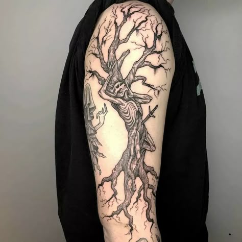 Tree Nature Tattoo, Wispy Tree Tattoo, Tree Skeleton Tattoo, Tattoo Tree Ideas, Dark Skeleton Tattoo, Skeleton Tree Drawing, Big Upper Arm Tattoos Women, Whimsigoth Tattoo Sleeve, Witch Tree Tattoo