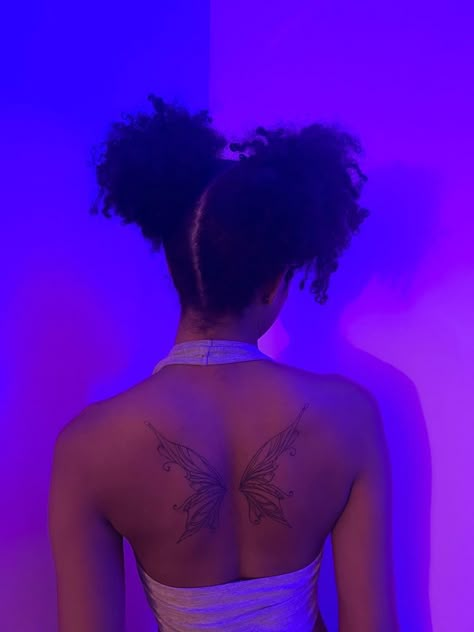 Vines Spine Tattoos For Women, Fairy With Curly Hair Tattoo, Ethereal Tattoos Black Women, Mid Thigh Tattoos Women, Unique Back Tattoos Women, Fairy Back Tattoo, Aesthetic Back Tattoo, Back Tats Women, Symmetrical Back Tattoo