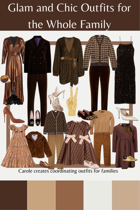 New Years Eve Family Outfits, New Years Family Outfits, Gold Family Photo Outfits, New Years Eve Outfits Family, Black And Gold Family Pictures Outfits, Brown And Black Family Picture Outfits, New Years Eve For Couples, Winter Family Outfits, Coordinating Outfits For Couples