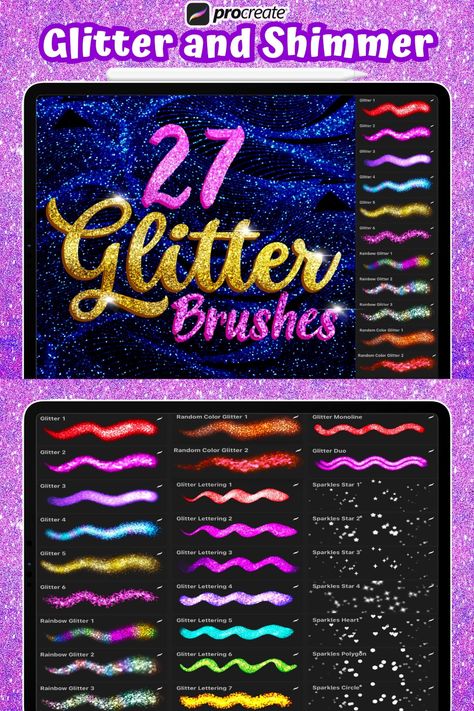 Glitter & Shimmer procreate brush set, the perfect digital tool for adding a touch of Glitter and Shimmer to your designs. This brush set includes 27 Procreate Brushes in total (11 Drawing Brushes + 9 Lettering Brushes + 7 Sparkle Brushes) . With these brushes, you can easily add unique details to your Procreate clothing and accessory designs and lettering designs or create stunning Glitter textures for any project. Texture Brushes Procreate, Brush Set Procreate, Aesthetic Stationary, Pro Create, Photoshop Brush Set, Art Hacks, Glitter Texture, Illustrator Brushes, Brushes Procreate