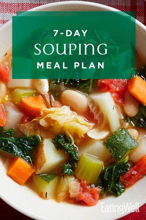 Veggie "souping" to lose weight can cause you to miss essential nutrients. Here EatingWell's take on a healthy soup diet with 7 days of balanced soups. 7 Day Cabbage Soup Diet, Cabbage Soup Diet, Ketogenic Meal Plan, Beginner Meal Planning, Easy Meal Plans, Ketogenic Diet Meal Plan, Ketogenic Diet For Beginners, Soup Diet, Diet Help