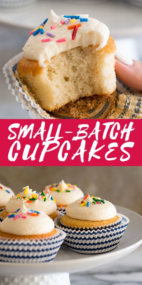 Single Serve Vanilla Cupcake, Vanilla Cake For Two, Small Batch Frosting Recipes, Small Batch Cupcakes From Scratch, Cupcake Recipes Small Batch, Small Batch Buttercream Frosting, Small Batch Cupcake Recipe, Small Batch Vanilla Cupcakes, Simple Deserts