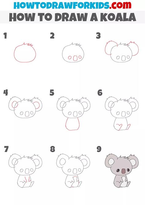 How to Draw a Koala Step by Step - Easy Drawing Tutorial For Kids Draw Koala, Draw A Koala, Easy Tiger Drawing, Koala Crafts, Koala Craft, Koala Drawing, How To Draw Steps, Easy Cartoon Drawings, Drawing Tutorials For Kids