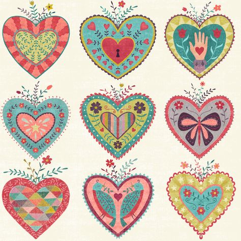 Folk Hearts by Suzy Taylor...created in Procreate Sacred Heart Art, Modern Folk Art, Arte Folk, Teal Coral, Heart Illustration, Heart Drawing, Scandinavian Folk Art, Valentines Design, Hand Drawn Pattern