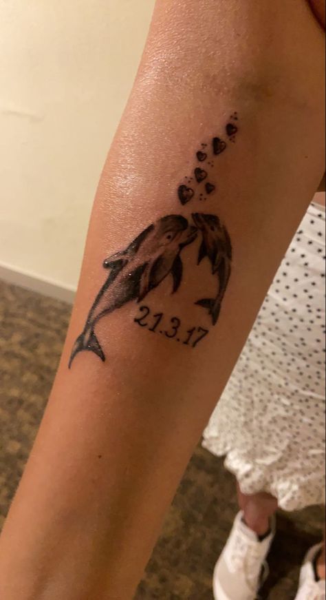 Dolphin Memorial Tattoo Mom, Dolphin Memorial Tattoo, Memorial Tattoos Mom, Tattoos Mom, Dolphin Tattoos, Dolphin Tattoo, Dolphins Tattoo, Tattoo On Forearm, Date Tattoos