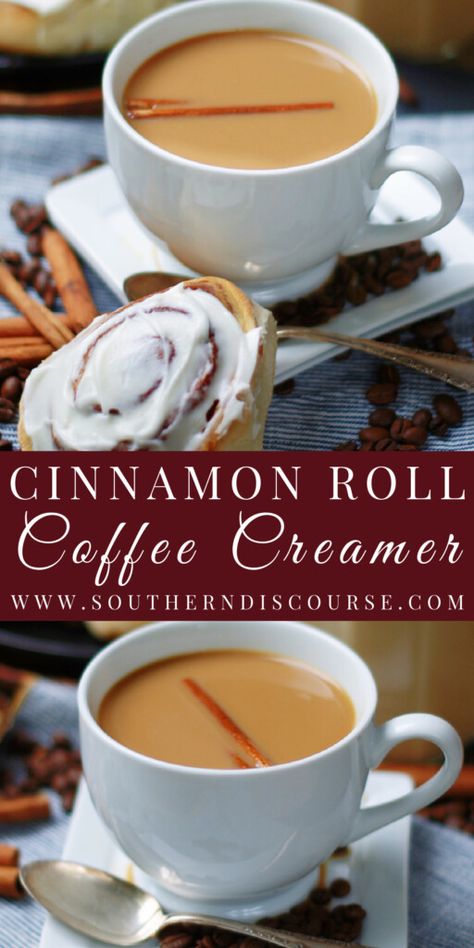 Easy Coffee Creamer, Cinnamon Roll Coffee Creamer, Coffee Creamer Recipes, Cinnamon Roll Coffee, Southern Discourse, Homemade Cinnamon Roll, Boat Drinks, Southern Cooking Recipes, Homemade Coffee Creamer