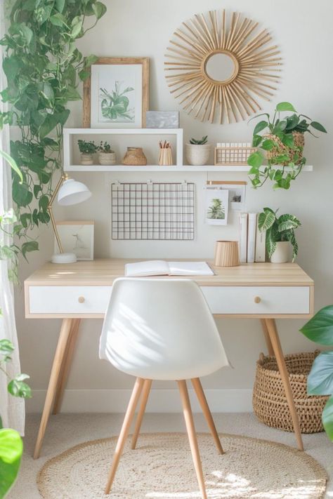 30 Gorgeous Boho Home Office Ideas That Will Inspire Your Best Work - H.M.G Boho Work Desk Decor, Soft Office Aesthetic, Office Set Up At Home, Boho Office Chair, Aesthetic Desk Decor Ideas, Bohemian Home Office Ideas, Boho Desk Ideas, Desk Space Aesthetic, Office Ideas Boho