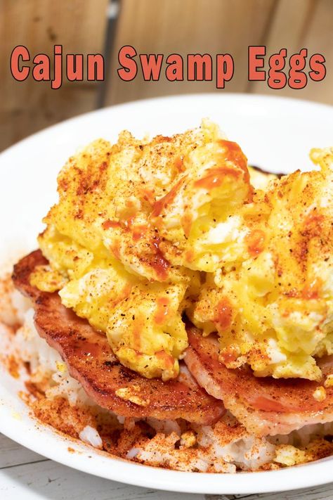 Cajun swamp eggs with Purdue Farms Canadian bacon breakfast recipe. #PerdueFarms #PerdueFarms_Ambassador  This recipe is based on my experience visiting Lafayette, Louisiana earlier this year and it is OH SO GOOD with cage-free farm-fresh eggs and Coleman Natural Uncured Canadian Bacon with no hormones, antibiotics, or steroids and ethically raised 100% vegetarian-fed pork. Boudin Recipe Meals, Louisiana Breakfast, Cajun Recipes Louisiana Authentic, Poolside Breakfast, Cajun Eggs, Creole Recipes Louisiana, Cajun Breakfast, Canadian Bacon Breakfast, Cajun Recipes Louisiana