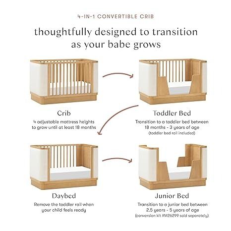 The Babyletto Bondi Boucle Crib celebrates boho-inspired design with its warm wood tone, rounded corners, and cozy boucle upholstery to create a dreamy aesthetic for your nursery. Easily transitions as your babe grows from crib to toddler bed, daybed, and junior bed with an included toddler bed conversion kit. Suitable from newborn up to 5 years old! Sustainably made with solid New Zealand pine wood, one of the most renewable woods available. #affiliatelink Crib To Toddler Bed, Tummy Time Activities, Dreamy Aesthetic, Junior Bed, Baby Changing Tables, Baby Gear Essentials, Nursing Pillows, Bath Essentials, Nursery Crib