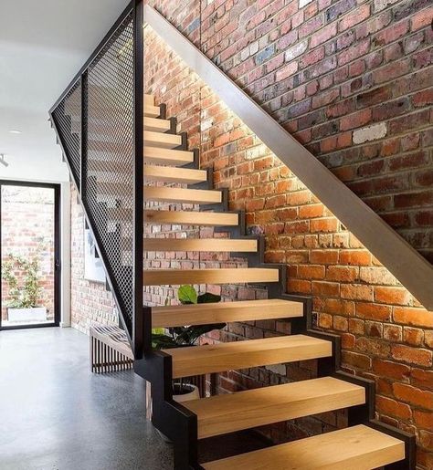 Design & Build Group on Instagram: "A feature staircase creates a statement with 30% clinker and 70% B grade Reds from @thebrickrecyclers built by @lieftingmerlohomes designed by @c.kairouz.architects Love these recycled bricks. #designideas #canberrabuilder #architecture #interiordesign #stairdesign" Open Under Stairs, Industrial Staircase Design, Stairways Ideas, Feature Staircase, Industrial Staircase, Under Stairs Ideas, Rustic Staircase, Industrial Stairs, Timber Stair