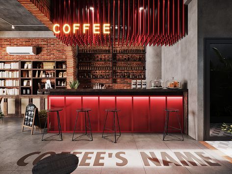 VP 2022 - industrial coffee shop :: Behance Pizza Restaurant Design Interior Ideas, Bar Pub Design, Industrial Coffee Bar, Commercial Interior Architecture, Industrial Coffee Shop, Cafe Bar Interior, Luxury Cafe, Small Restaurant Design, Bar Counter Design