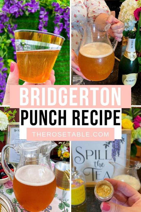 Elegant Diamond of the Season Punch with amaretto, green tea, champagne, and more! Bridgerton Theme Mocktails, Tea Party Drink Ideas, Bridgerton Mock Tails, Bridgerton Party Drinks, Bridgerton Drink Ideas, Bridgerton Themed Drinks, High Tea Drinks, Bridgerton Drinks, Bridgerton Food Ideas