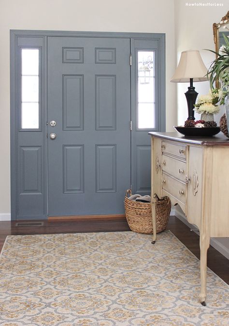 Entryway makeover! A fresh coat of paint for the front door and some vintage antique furniture, perfection! Interior Front Door Color, Painted Interior Door, Blue Interior Doors, Interior Front Door, Painted Interior Doors, Front Door Interior, Blue Front Door, Door Paint Colors, French Doors Interior