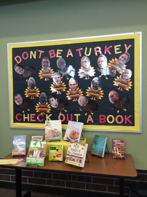 Thanksgiving bulletin board at the BVSW library. Took photos of staff, cropped them, printed them and laminated them. Looking forward to reusing them for lots of boards! November Library Bulletin Boards, Thanksgiving Library Displays, November Library Displays, Fall Library Displays, Fall Library, Library Window, Thanksgiving Bulletin Board, School Library Bulletin Boards, School Library Decor