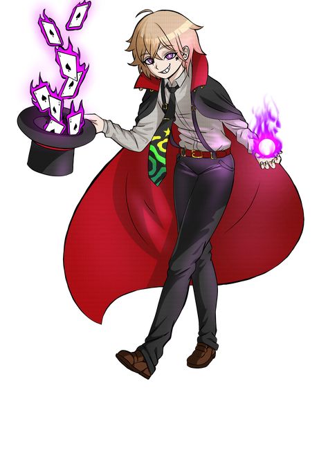 fanganronpa splash art oc Magican Outfit, Magician Outfit Drawing, Card Magician Character Design, Magician Aesthetic Outfit, Magician Pose Reference, Magician Pose, Magician Oc, Magician Character Design, Danganronpa Artstyle