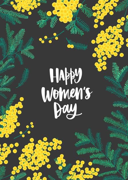 Women s day greeting card template with lettering written with elegant font, yellow mimosa flowers and green leaves Mimosa Flower Illustration, Mimosa Illustration, Yellow Mimosa, Mimosa Flowers, Cake Vector, Mimosa Flower, Floral Cards Design, Happy Women's Day, Frame Floral