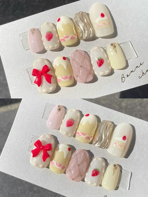 Kawaii Press On Nails, Cake Nails Design, Short Kawaii Nails, Pudding Nails, Cute Kawaii Nails, Cake Nail Art, Kitsch Nails, Dessert Nails, Cake Nails