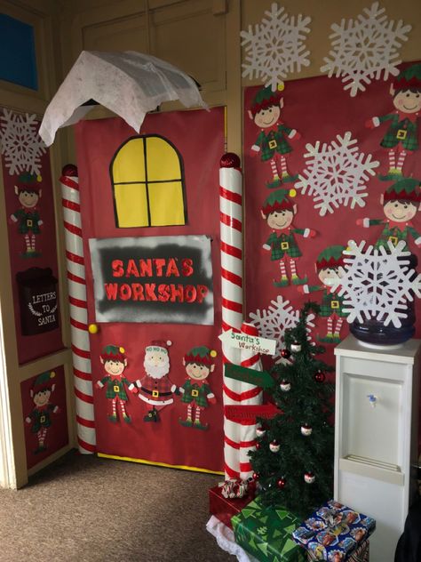 Santa’s Work Shop Door Decor, Santa's Workshop Door Decorating Contest, Santa’s Workshop Door Contest, Santa’s Workshop Door Decorating, Santas Village Ideas, Santa’s Workshop Classroom Door, Santa's Workshop Door Decorations, Santa Workshop Decorations, Santa Workshop Door Decorations