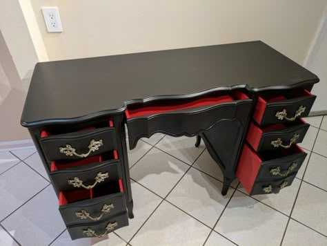 Goth End Table, Gothic Computer Desk, Goth Computer Desk, Gothic Office Desk, Emo Vanity, Gothic Vanity Ideas, Whimsigoth Desk, Goth Furniture Diy, Gothic Gaming Setup