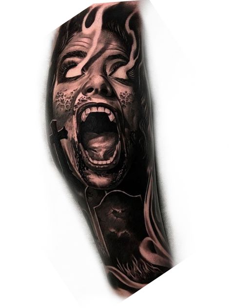 Scary Realism Tattoo, Dark Portrait Tattoo, Good And Evil Tattoo For Men, Horror Realism Tattoo, Dark Horror Tattoo Designs, Demons Tattoo Ideas, Dark Realism Tattoo Design, Demon Tattoo For Men, Hell Tattoo Ideas