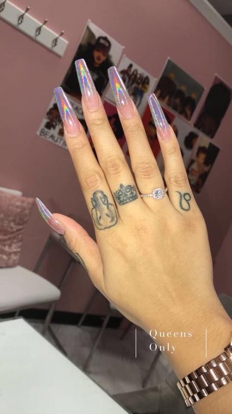 Baddy Nails, Coffin Acrylic Nails, Leo Tattoo, Nails Now, Nail Design Ideas, Holographic Nails, Fire Nails, Pretty Acrylic Nails, Dope Nails