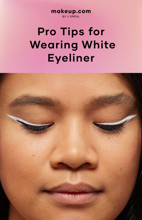 person with white eyeline with the title "Pro Tips for Wearing White Eyeliner" on a pink background White Eyeliner Makeup Waterline, Floating Eyeliner, Best White Eyeliner, White Eyeliner Looks, White Liquid Eyeliner, White Eyeliner Makeup, Beyonce Concert, White Eyeshadow, Wing It