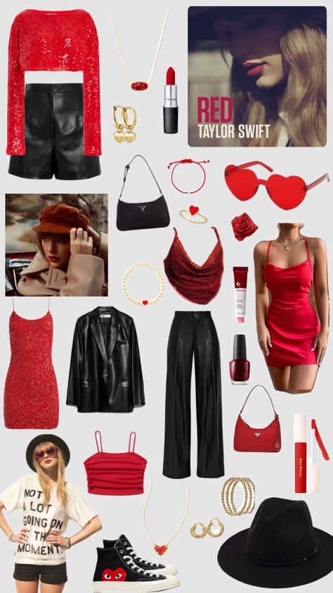 Red Taylor Outfits, Red Album Inspired Outfits, Red Ears Tour Outfit, Taylor Swift Outfits Concert Red, Eres Tour Outfits, Red Outfit Inspo Taylor Swift, Eras Red Outfit, Taylor Swift Red Outfits Concerts, Red Outfit Eras Tour