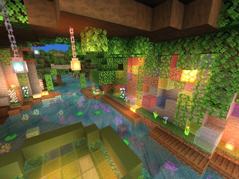 Fairy Underground Base Minecraft, Cave Pond Minecraft, Minecraft Mermaid House, Minecraft Lush Caves Build, Minecraft Ravine Ideas, Minecraft Animal Enclosures, Mc Builds, Minecraft Interior Design, Minecraft House Plans