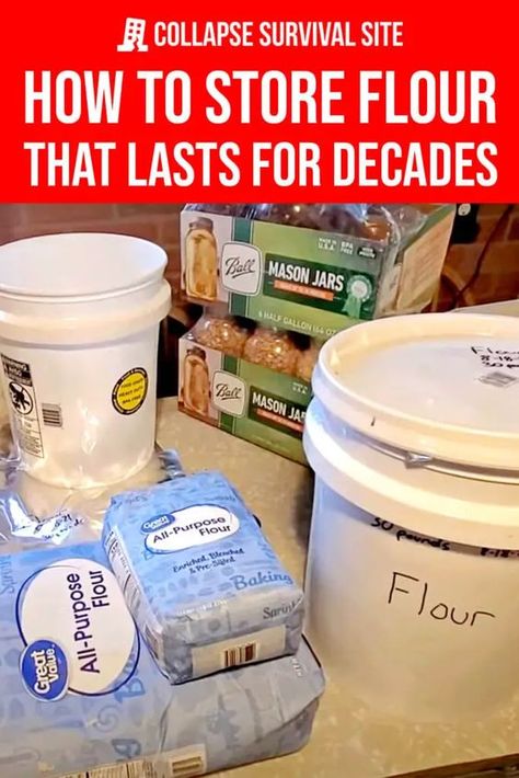 Learn the best methods for long-term storage of flour to ensure it lasts for decades without losing its quality or nutritional value. How To Store Flour, Best Survival Food, Survival Food Storage, Flour Storage, Survival Skills Emergency Preparedness, Emergency Preparedness Food, Emergency Prepardness, Emergency Food Storage, Long Term Food Storage