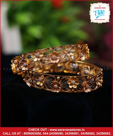 Add beauty to your wrist by adoring the gold bangles. It is light and easy to carry appeal with fashionable angle. The sparkling bangles is an effortless amping-up element in your ethniclook. #goldbangles Check out : www.saravanastores.in Call us at : 8056003000, 044-24356060, 044-24356061, 044-24356062, 044-24356063 #goldbanglesdesigns #goldbanglesmodels #goldbanglescollection #goldbanglesset #Saravanaelite #goldpnecklace #goldnecklace #SaravanaStoresEliteGold Kada Bangles, Unique Gold Jewelry Designs, Gold Jewels Design, Diamond Jewelry Earrings, Gold Bangles For Women, Gold Bangle Set, Fancy Jewelry Necklace, Jewelry Set Design, Gold Bridal Jewellery Sets