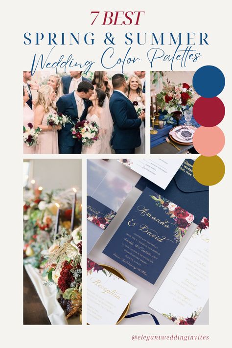 Navy Burgundy Blush Gold Spring Summer Wedding Color Schemes Bridemaids Bridal Party Bouquet Table Settings Centerpieces Invitaton Summer Wedding Color Schemes, May Wedding Colors, Wedding Color Schemes Summer, Navy Wedding Colors, Wedding Color Palette Summer, Bridal Party Bouquets, May Wedding, Yard Wedding, Blush Gold