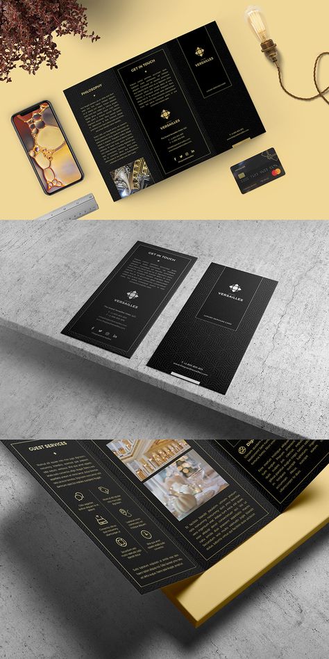 Luxury Design Brochure, 6 Fold Brochure Design, Luxury Brochure Design Inspiration, Hotel Flyer Design, Black Brochure, Luxury Tri Fold Brochure Design, Best Trifold Brochure Design, Elegant Brochures, Black Branding