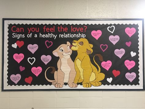 Disney Bulletin Boards College, Relationship Bulletin Board, Ra Educational Bulletin Boards, Lion King Bulletin Board, Bulletin Board Ideas Disney, Cartoon Bulletin Board Ideas, Disney Ra Bulletin Boards, Ra Door Decs Disney, February Ra Bulletin Boards