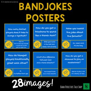 Need to add some color and humor to the walls of your band room? This instrument jokes poster set is for you! Your students will love them and they are perfect for music bulletin boards for your middle school band room. Perfect secondary music classroom decor! Visit #banddirectorstalkshop for more great band teaching ideas! #banddirector #musiced Bulletin Board Printables, Music Classroom Posters, Band Classroom, Elementary Music Games, Marching Band Jokes, Music Bulletin Board, Fun Posters, Middle School Band, Music Bulletin Boards