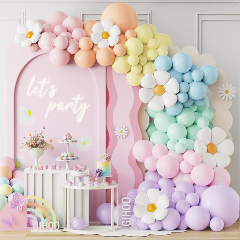 PRICES MAY VARY. [ Daisy Balloon Arch Kit]The pastel daisy balloon arch kit is perfect for Mothers Day ,Spring party,Easter party,Boho birthday ,Two Groovy birthday ,Groovy birthday themed party decorations. Whether you're hosting a large party or a small gathering, this value pack has got you covered- no need to break the bank on individual decorations! 【Premium Value Pack】The daisy pastel balloon arch kit include 157pcs balloons,5pcs daisy balloon in 2 sizes and 152pcs macaroon pastel latex ba Floral Balloon Arch Birthday, Easter Themed Birthday Party Decorations, Pastel Floral Birthday Theme, Girly Party Themes, Pastel Decorations Party, Pastel Themed Birthday Party, Pastel Themed Birthday Party Decorations, Daisy Balloon Arch, Daisy Themed Birthday Party