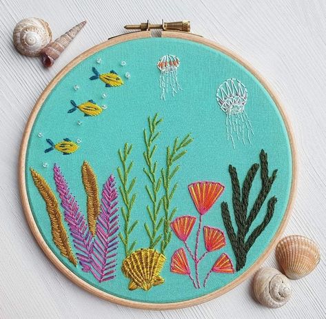 Under Water Embroidery, Embroidery Under The Sea, Sea Embroidery Ideas, Under The Sea Embroidery, Coral Reef Embroidery, Ocean Embroidery, Embroidery Fish, Coral Embroidery, Fish Embroidery