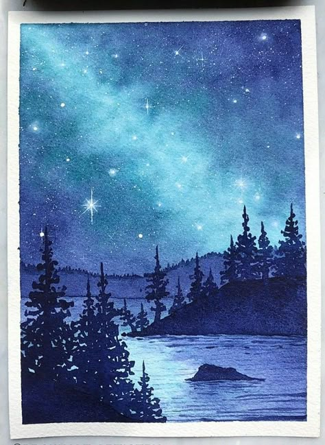 Watercolor Night Sky Painting, Water Colour Night Sky, Winter Night Watercolor, Northern Light Watercolor, Velaris Watercolor, Watercolor Night Scene, Night Sky Watercolor Painting, Night Sky Painting Easy Step By Step, Watercolor Sky Paintings