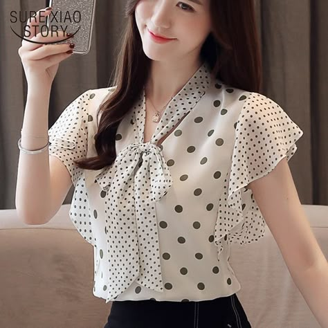 Cheap Blouse, Buy Quality Women's Clothing Directly from China Suppliers:Blusas Mujer De Moda 2021 Women's Tops and Blouses V Neck Polka Dot Bow Sleeveless Chiffon Blouse Women Tops Blouse Women 4719 Enjoy ✓Free Shipping Worldwide! ✓Limited Time Sale ✓Easy Return. Polka Dot Blouse Outfit, Professional Blouses, Sleeveless Chiffon Blouse, Women Blouses Fashion, Awesome Blouse, Fashion Tops Blouse, Trendy Fashion Tops, Tops And Blouses, Tops Blouse