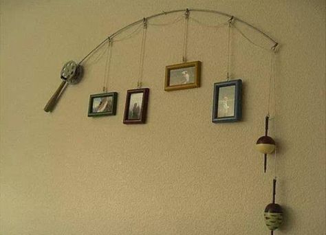 Great idea! Fishing Pictures, Picture Holders, Fishing Pole, Picture Hangers, Fishing Rod, Photo Displays, Home Deco, Lake House, Home Projects