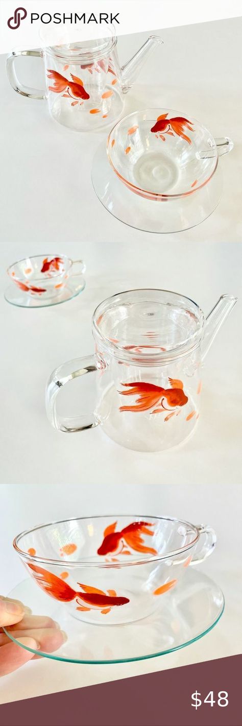 Clear Glass Steeping Teapot with Cup & Saucer, Beautiful Hand Painted Gold Fish Clay Cup Ideas, Glass Cup Painting, Adult Craft Night, Feng Shui Master, Cup Painting, Diy Glasses, Teapot Set, Clay Cup, Glass Teapot