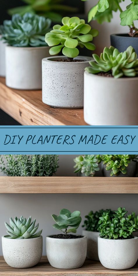 Crafting easy DIY concrete planters with stylish, modern designs. The pin features two images: one of finished concrete planters in a home setting and another showcasing the steps in the process. Concrete Sealant, Diy Concrete Planters, Types Of Mold, Rectangular Planters, Poured Concrete, Diy Concrete, Handmade Wall Art, Large Planters, Concrete Planters