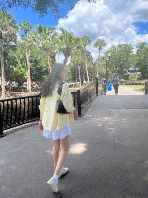 summer outfit ideas | tennis skirt, tank top and yellow cover up Yellow Tennis Skirt Outfit, Outfit Ideas Tennis Skirt, Yellow Tennis Skirt, Outfit With Yellow, Walking In The Park, Short Skirts Outfits, Tennis Skirt Outfit, Summer Outfit Ideas, Yellow Top