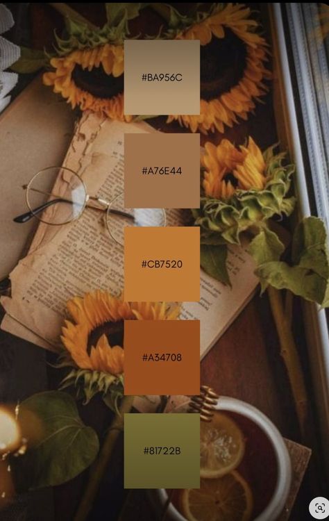 Yellow Orange Brown Color Palette, Sunflower Color Scheme, Sunflower Wedding Color Palette, Yellow Brand Color Palette, Color Palette Orange Green, Warm Yellow Color Palette, Golden Yellow Color Palette, Brown Color Palette, Color Schemes Colour Palettes