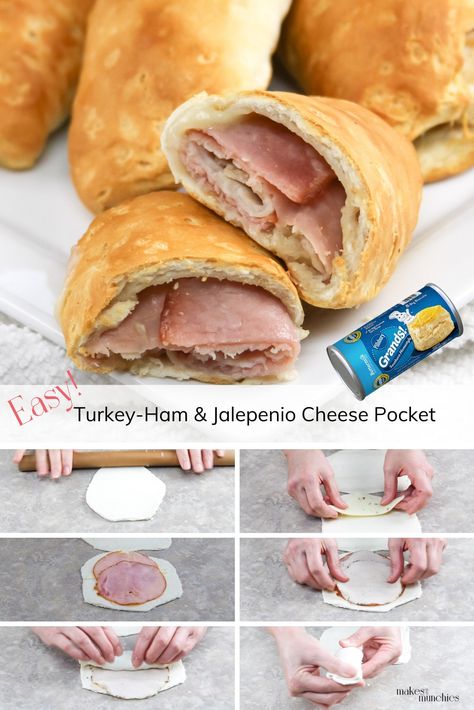 Biscuit Dough Hot Pockets, Biscuit Hot Pockets, Ham And Cheese Pockets Homemade, Turkey Pockets, Ham And Cheese Pockets, Pocket Recipes, Refrigerator Biscuits, Hot Pocket Recipes, Spicy Ham