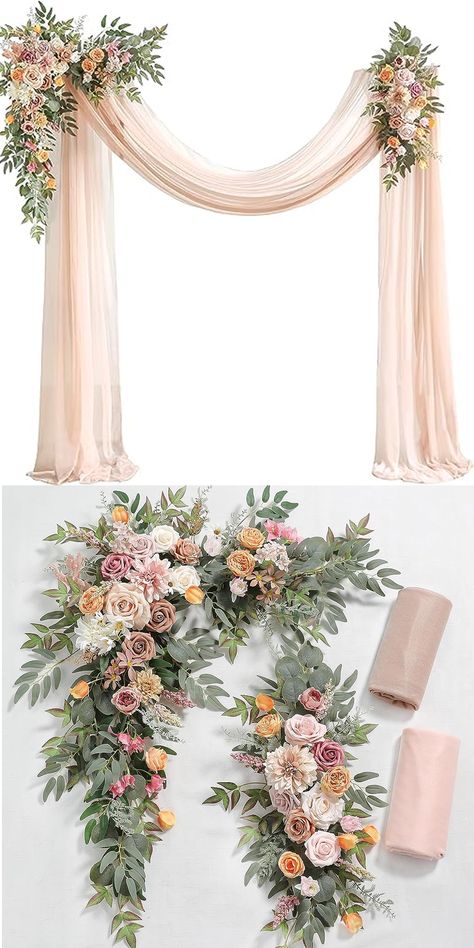 Wedding Arch Flowers with Drape Kit (Pack of 4) 2pcs Artificial Floral Swag Arrangement with 2pcs Draping Fabric for Ceremony/Reception/Arbor/ Backdrop. Dusty Rose and Terra Cotta. Several colors to choose from. #wedding #arch #diy #ad Diy Floral Swag For Arch Boho, Flower Swags Diy, Arbor Backdrop, Wedding Trellis, Wedding Swag, Floral Arch Wedding, Photo Backdrop Wedding, Flower Curtain, Draping Fabric